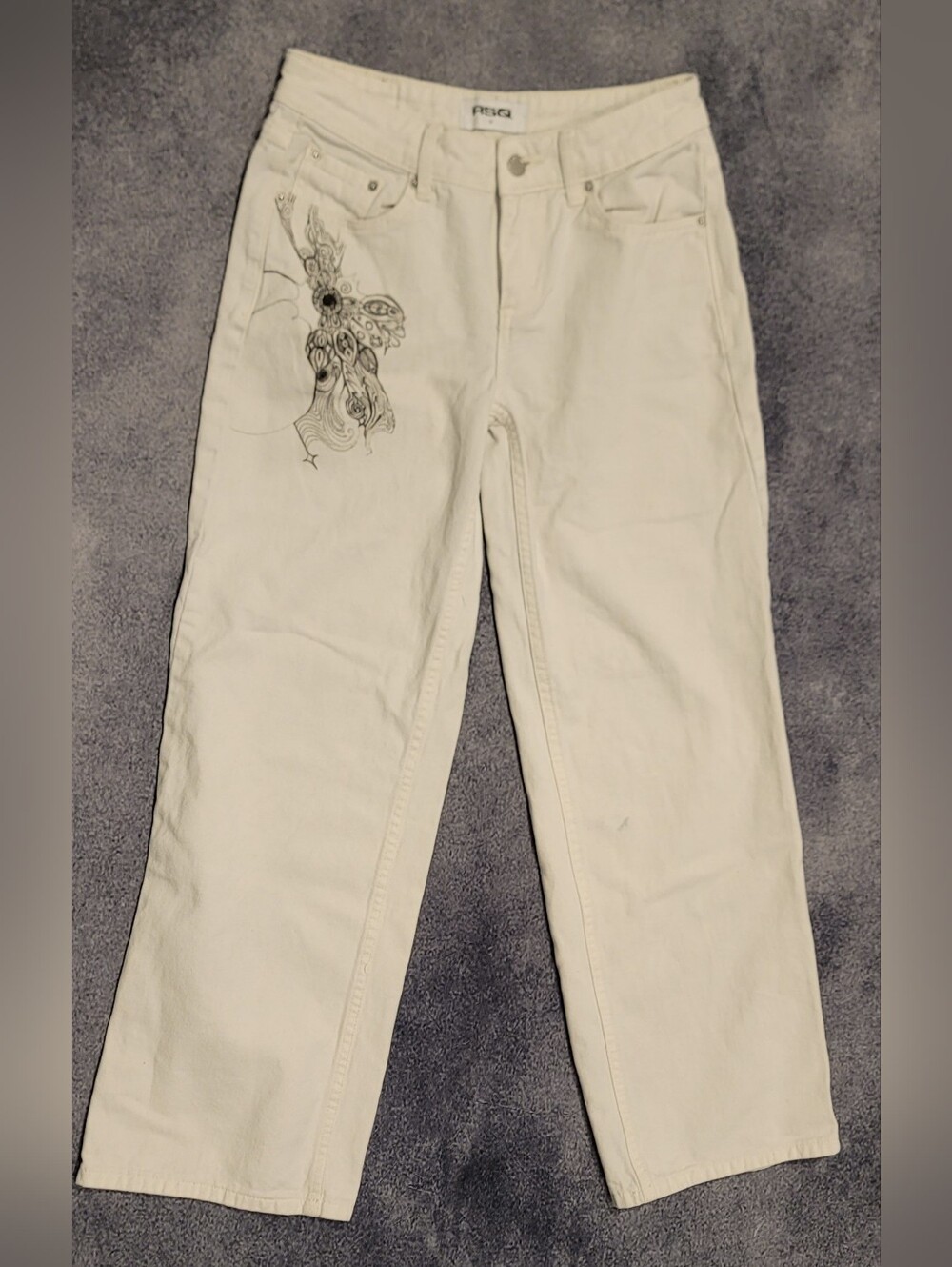 RSQ White Denim Jeans Sketch Art Work Women Pants Size XS Waist 24 100% Cotton